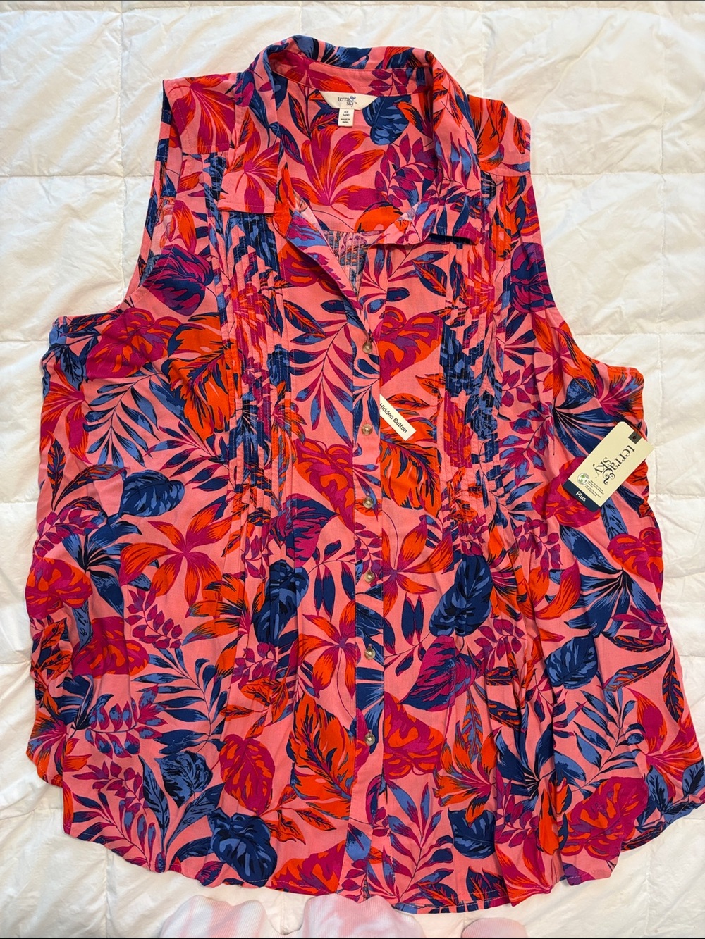 Terra & Sky Pink Tropical Print Sleeveless Blouse